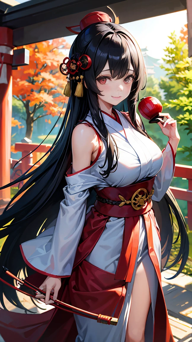 18-year-old girl、Black hair that grows to the waist、Japanese Shrine Maiden Costume、Smiling、Daytime forest、Large Torii Gate