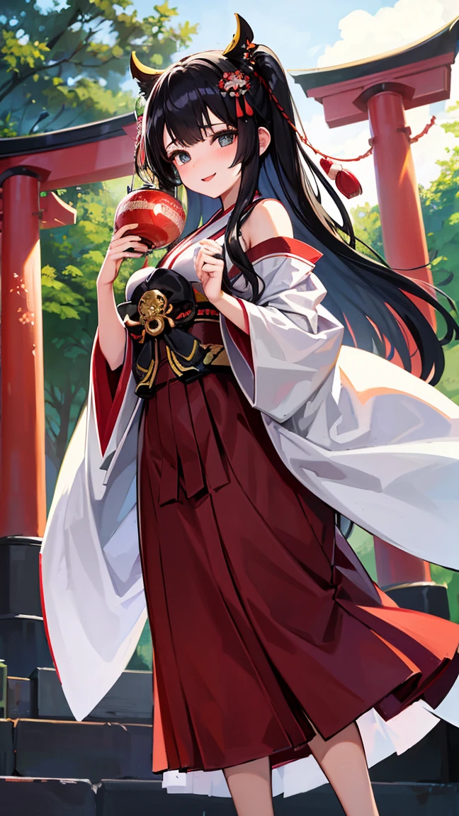 18-year-old girl、Black hair that grows to the waist、Japanese Shrine Maiden Costume、Smiling、Daytime forest、Large Torii Gate