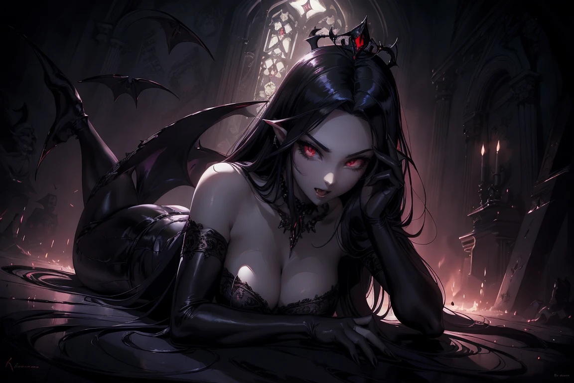 absurdres, ((stunning female Vampire))), goth Renaissance, (long black hair:1.erfect and detailed angular sharp oval shaped face, ((redeyes)), jewelry, red and black tetradic colors, full lips, gothic castle background, (solo), perfect anatomy, approaching perfection, ethereal, intricate details, ultra-high definition, 12k resolution, goth aesthetic, smooth, sharp focus, dreamy, glowing, backlit, glamour, glimmer, fantastical, shadows, smooth, Gothic crown, laying on the ground, 