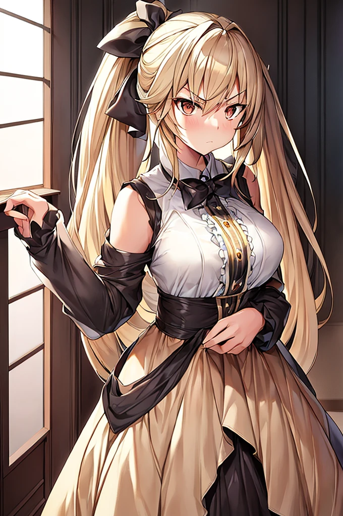Masterpiece, best quality, girl noir style, beige skin, hairy skin, beige hair on the skin, brown eyes, long beige hair combed, hair up, white dress, black bow, determined look, look forward, serious, hairy skin . hairy face, noir style, hair up.