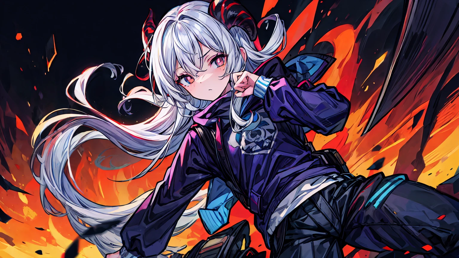 best quality,masterpiece:1.2,ultra-detailed,hyper detailed,extremely detailed,highly detailed,humanoid nubian goat,goat horns, blue sweatshirt with white hood,white shirt, black pants and white sneakers, he also has big white hair, black eyes and red pupils, shadow forehead, style of anime,studio lighting, eyes,moody,mysterious,dark and moody