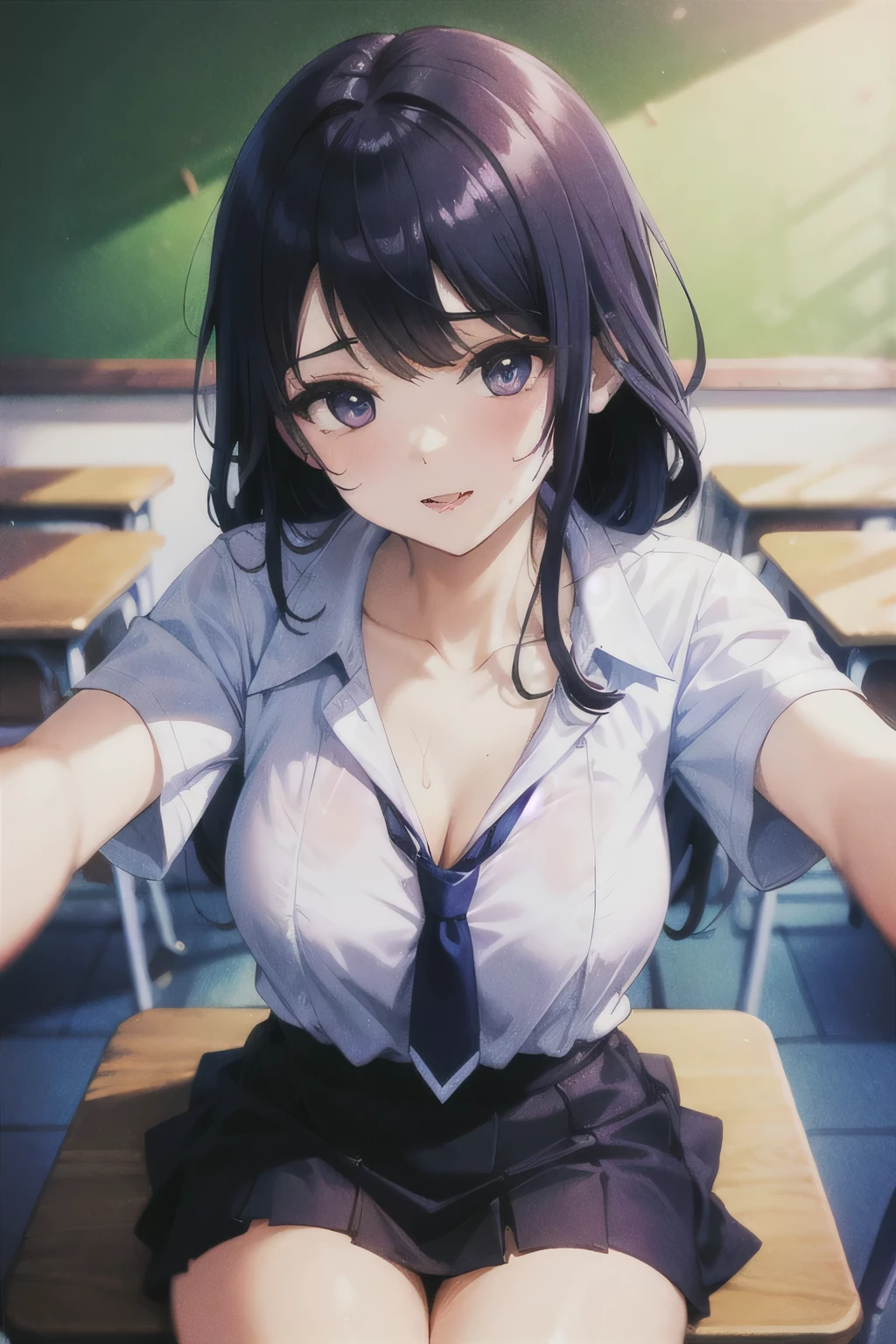 girls、Black Haired Beautiful Girl、Short-sleeved uniform、White blouse、Drenched in sweat、Naughty lips、Collarbone in full view、Loosened tie、Navy Skirt、Sexy thighs、Black socks、School classroom