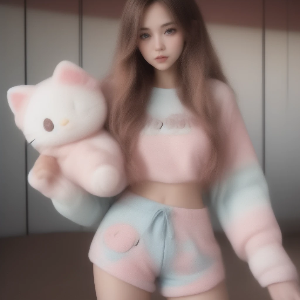 gorgeous Caucasian female, long ombre bubble braid, blue eyes, bronzed skin, wearing Embroidered pastel Tie Dye Hello Kitty Shorts and crew neck , vans, holding a hello kitty stuffy