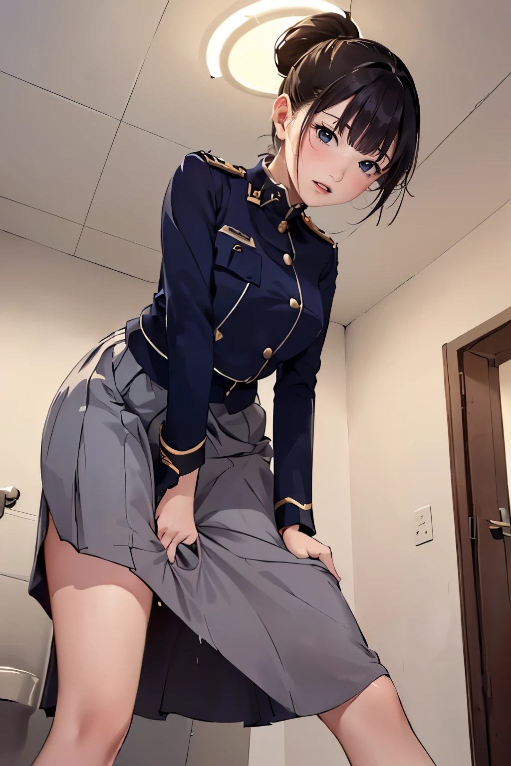 {{{master piece}}}, {{{Best Quality}}}, {{{highest quality}}}, {{Ultra-detailed}}, {{{ultra high resolution}}},{{{extremely detailed CG unity 8k wallpaper}}}, {{{Illustration}}}, {{{Detailed skin}}}, {{{Shiny skin}}}, {{{Realistic}}}, {{{Beautiful detailed eyes and face}}},{{{Perfect Anatomy}}}, gleaming skin,oily skin,1woman,solo,,standing, (((leaning forward), undressing, raise one leg, white panty pull)), up skirt,show off pubic hair, beautiful flight attendant, flight attendant uniform, darkblue blazer,lightblue shirt,red necktie, darkblue skirt, high heels, earrings,employee ID card,
in abandoned house,faint light,(((vignetting))),angle from below ceiling,((close to viewer)),(((upper body,cowboy shot,panty shot))),
