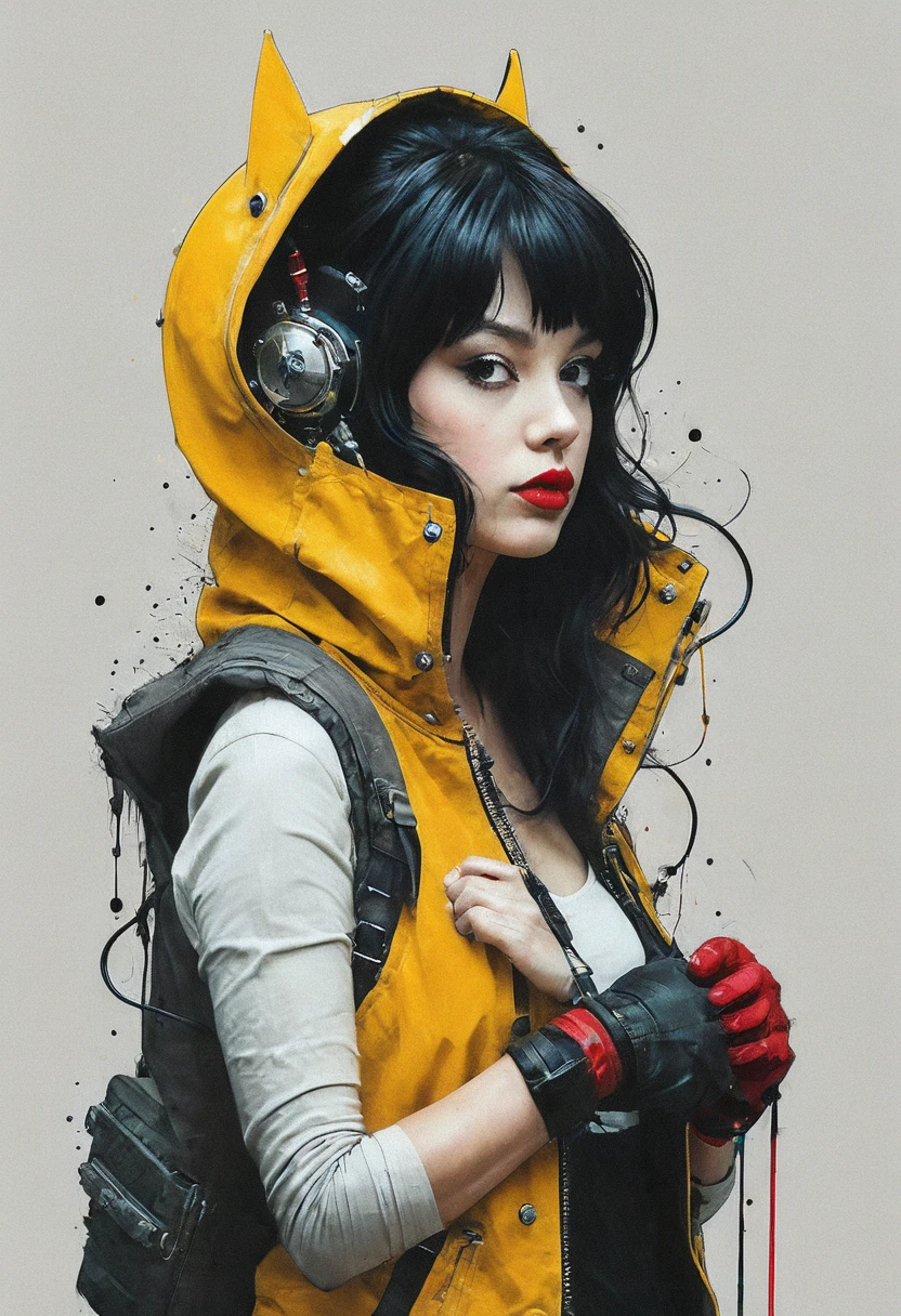 pop art By Conrad Roset and Alberto Vargas, vibrant yellow cyberpunk jacket, solo, batman, mechanical parts, portrait, dark-red liquids, tanktop, looking back, white eyes, monochrome, half face is made of technical parts and wires, large eerie linen hood, atmospheric haze, Film grain, cinematic film still, shallow depth of field, highly detailed, high budget, cinemascope, moody, epic, OverallDetail, 2000s vintage RAW photo, photorealistic, candid camera, color graded cinematic, eye catchlights, atmospheric lighting, imperfections, natural, shallow dof