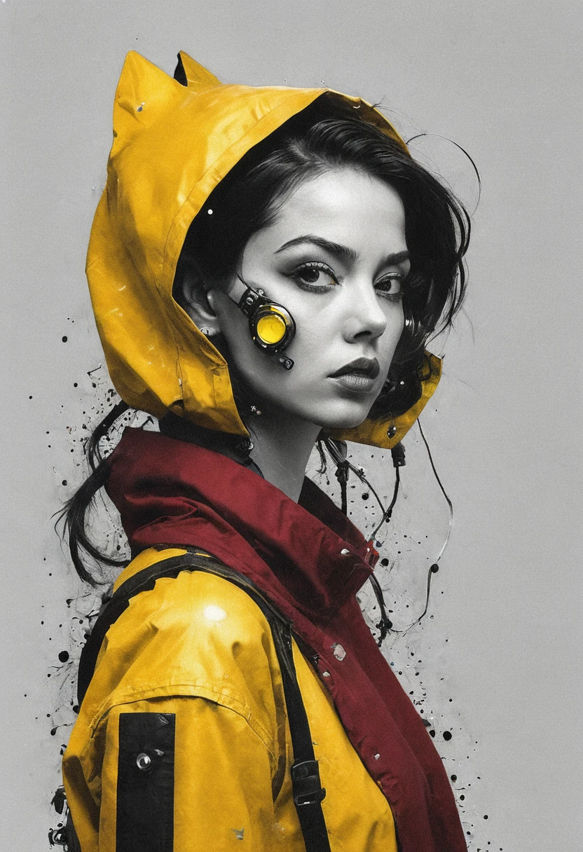 pop art By Conrad Roset and Alberto Vargas, vibrant yellow cyberpunk jacket, solo, batman, mechanical parts, portrait, dark-red liquids, tanktop, looking back, white eyes, monochrome, half face is made of technical parts and wires, large eerie linen hood, atmospheric haze, Film grain, cinematic film still, shallow depth of field, highly detailed, high budget, cinemascope, moody, epic, OverallDetail, 2000s vintage RAW photo, photorealistic, candid camera, color graded cinematic, eye catchlights, atmospheric lighting, imperfections, natural, shallow dof