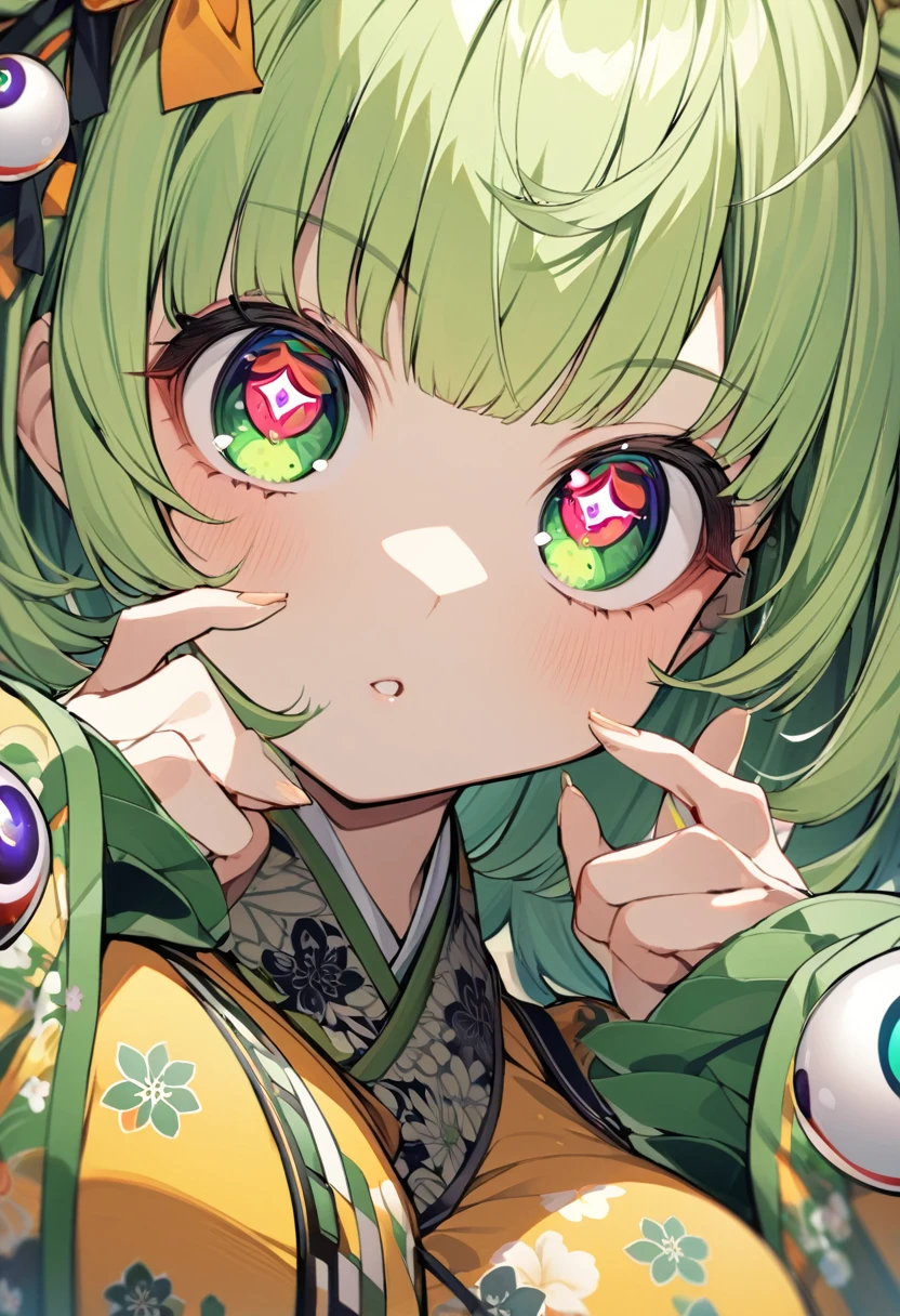 One girl,Komeiji Koishi, Have,Have bow,Green Hair,Green Eyes,Symbol-shaped pupil,Yellow Shirt,Green Skirt,Third Eye,Long sleeve, Wide sleeves, Floral print, eyeball, Large Breasts, Upper Body, Five fingers, Detailed face, Detailed eyes, Detailed Hair