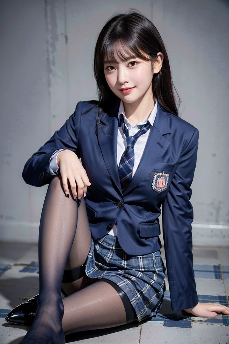 (8k), (best quality: 1.2), (realistic), (realistic: 1.37), ultra high resolution, (1 girl), cute, blush,embarrassed smile, beautiful details, beautiful nose, wet hair, huge two cells, pork, thighs,Self Snap,college ,(Simple navy blue blazer:1.4),(pleated skirt:1.2),(The skirt and tie are in a gray tartan check pattern..:1.3),(seat:1), sit on the floor,(hold my feet:1),(shiny pantyhose:1.2),in front,knee