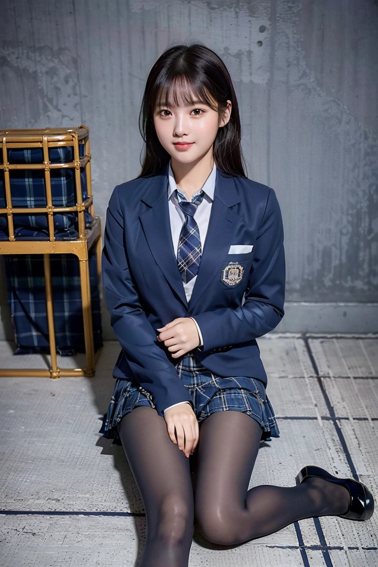 (8k), (best quality: 1.2), (realistic), (realistic: 1.37), ultra high resolution, (1 girl), cute, blush,embarrassed smile, beautiful details, beautiful nose, wet hair, huge two cells, pork, thighs,Self Snap,college ,(Simple navy blue blazer:1.4),(pleated skirt:1.2),(The skirt and tie are in a gray tartan check pattern..:1.3),(seat:1), sit on the floor,(hold my feet:1),(shiny pantyhose:1.2),in front,knee