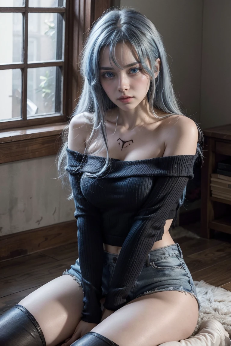 (artwork, best quality) a girl with long blue messy hair, blue eyes, blue eyelashes, blue denim mini shorts, long black tights, off the shoulder top, sitting, tattoo, big , perfect body, 4k hd, upset, blushing, in a room