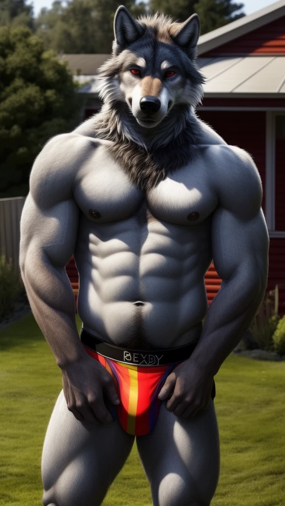Spicy portrait of a furry wolf alone seductive smile wearing a sexy jockstrap Underwear Lingerie With LGBT colors and no shirt looking at the viewer beautiful sexy red eyes muscular man a realistic house background outside outdoors hot and rough posing for camera gifted porn actor Delicious gay body blue Daddy of my dreams adult 25 years old pervert sex addict HDR 32K