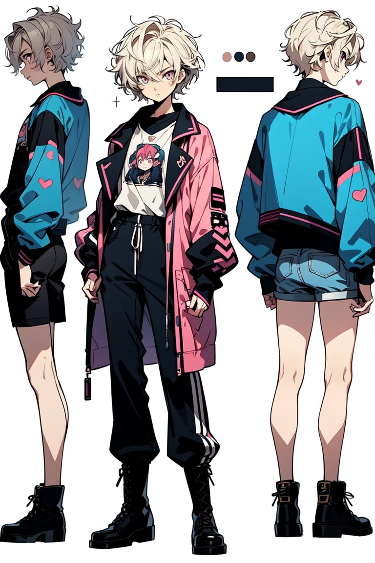 1male, Video game character design, Drawing with Line Drawing, Multiple points of view, best quality,masterpiece,highres, yuan-ti, muscular lean young male, collage ((character concept art)), Video game character design, Detailed age boy with pale skin, blond hair pink eyes, muted color vintage complex clothing, combat boots, sweaters, messy short blond hair, asian, flannel, oversizeshirts, layered clothes, button-up, graphic tee, longsleeved, accessories, turtleneck, vintage, illustartion,Realistic,Harmonious colours,natural lighting,urban, grunge, dark academia, multiple views, Multiple images of the same character in one outfit, messy fashion