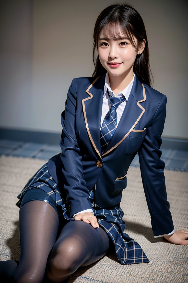 (8k), (best quality: 1.2), (realistic), (realistic: 1.37), ultra high resolution, (1 girl), cute, blush,embarrassed smile, beautiful details, beautiful nose, wet hair, huge two cells, pork, thighs,Self Snap,college ,(Simple navy blue blazer:1.4),(pleated skirt:1.2),(The skirt and tie are in a gray tartan check pattern..:1.3),(seat:1), sit on the floor,(hold my feet:1),(shiny pantyhose:1.2),in front,knee