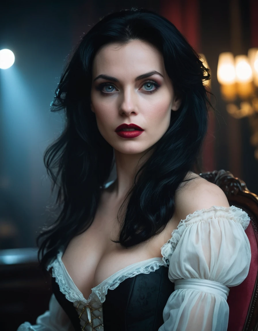 (masterpiece:1.7, best quality, ultra detailed, moonlight lights ratio, ultra realistic:1.3), Cinematic lighting:0.7, Diana, a true Ventrue, sits in an elegant colonial armchair and emerges an intimidating presence that numbs even the most sadistic MALKAVIAN. Her pale skin and small pink mouth, wearing a richly detailed corset with gold accents, contrast with her black hair, bringing an air of elegance and intimidation; (night, full moon natural lighting, Vampire The Masquerade, James O'Barr directors cut, photo by Alexander Mavrin), pale shiny skin, thin, sharp focus on rare face, perfect eyes, photorealistic, film grain, looking at camera, emphasize shoulders, foggy, misty, noir portrait, tilted, volumetric dust, key light, ray tracing, film grain ISO 800, 16 mm lens, RAW f1.8 aperture, analog photography, HDR colors, gothic interior, dark, elegant, and intimidating atmosphere
