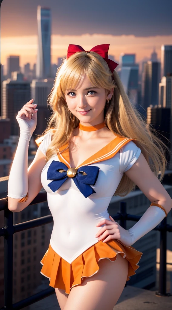 masterpiece, Highest quality, High resolution, Venus 1, One girl, alone, Sailor Warrior Uniform, Sailor Venus, aino minako, Blonde, Magical girl, blue eyes, Orange Skirt, Elbow hand pockets, tiara, Pleated skirt, Hair Ribbon, Orange sailor collar, mini skirt, choker, Red Bow, orange choker, White gloves, Very long hair,  jewelry,  Earrings, Cowboy Shot, smile,,More detailed 8K.Unreal Engine:1.4,超High resolution,La Highest quality:1.4, Realistic:1.4, Skin Texture:1.4, masterpiece:1.8,first work, Highest quality,Object Object], (Detailed facial features:1.3),(Fine hand:1.4),(Apocalyptic destroyed cityscape:1.4)
