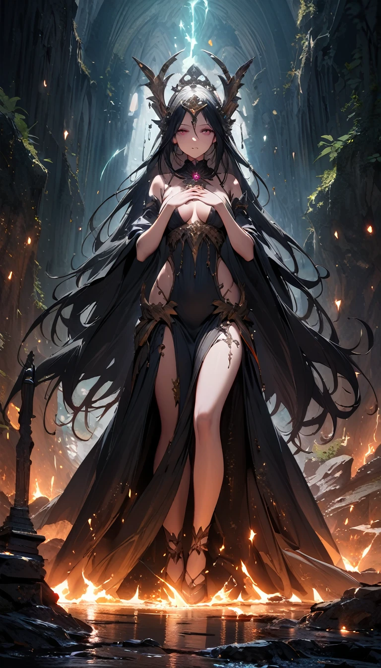 (best quality, masterpiece), dark fantasy world, nature goddess, pray near broken statue of her God, revealing clothing, nature, (hints of magical aura,evoking a sense of mystery), (sinister and otherworldly, supernatural presence, ethereal ambiance)