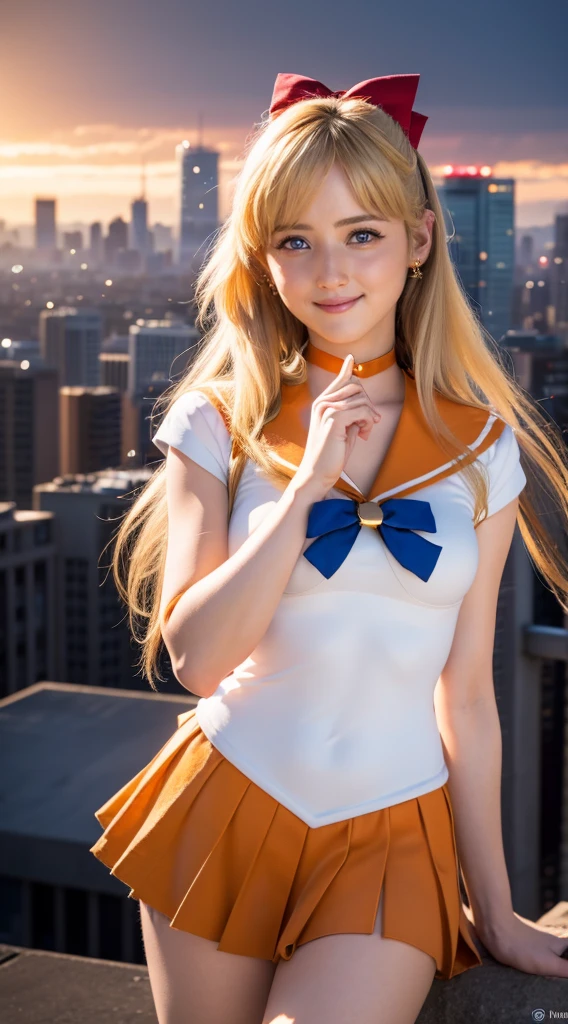 masterpiece, Highest quality, High resolution, Venus 1, One girl, alone, Sailor Warrior Uniform, Sailor Venus, aino minako, Blonde, Magical girl, blue eyes, Orange Skirt, Elbow hand pockets, tiara, Pleated skirt, Hair Ribbon, Orange sailor collar, mini skirt, choker, Red Bow, orange choker, White gloves, Very long hair,  jewelry,  Earrings, Cowboy Shot, smile,,More detailed 8K.Unreal Engine:1.4,超High resolution,La Highest quality:1.4, Realistic:1.4, Skin Texture:1.4, masterpiece:1.8,first work, Highest quality,Object Object], (Detailed facial features:1.3),(Fine hand:1.4),(Apocalyptic destroyed cityscape:1.4)