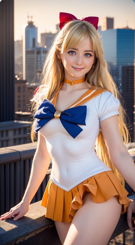 masterpiece, Highest quality, High resolution, Venus 1, One girl, alone, Sailor Warrior Uniform, Sailor Venus, aino minako, Blonde, Magical girl, blue eyes, Orange Skirt, Elbow hand pockets, tiara, Pleated skirt, Hair Ribbon, Orange sailor collar, mini skirt, choker, Red Bow, orange choker, White gloves, Very long hair,  jewelry,  Earrings, Cowboy Shot, smile,,More detailed 8K.Unreal Engine:1.4,超High resolution,La Highest quality:1.4, Realistic:1.4, Skin Texture:1.4, masterpiece:1.8,first work, Highest quality,Object Object], (Detailed facial features:1.3),(Fine hand:1.4),(Apocalyptic destroyed cityscape:1.4)