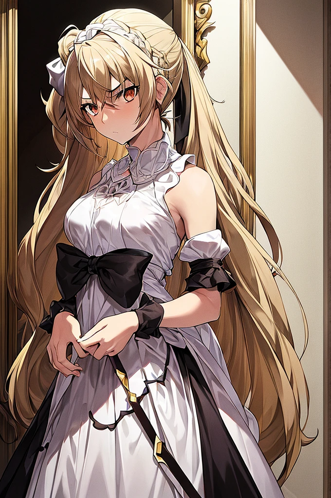 Masterpiece, best quality, girl noir style, beige skin, hairy skin, beige hair on the skin, brown eyes, long beige hair combed, hair up, white dress, black bow, determined look, look forward, serious, hairy skin . hairy face, noir style, hair up.