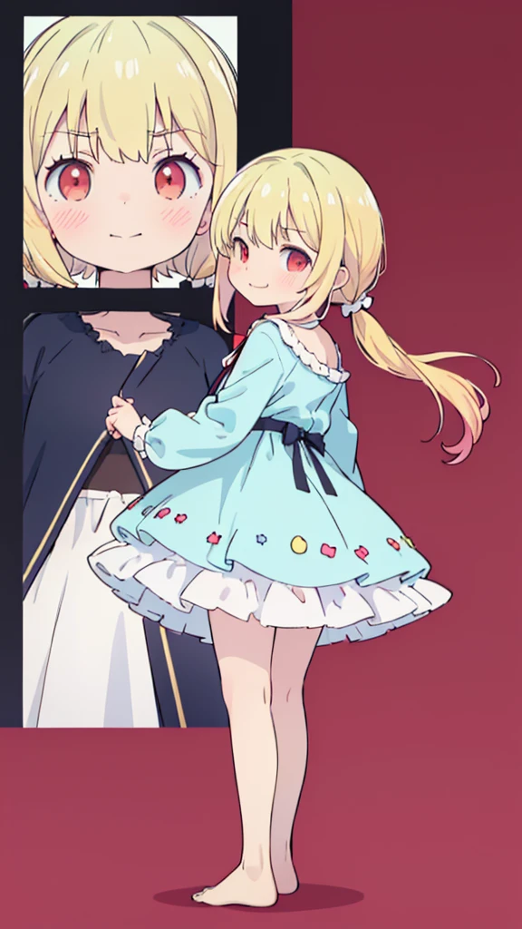 ((masterpiece))((Highest quality))girl、Smirk、blush、Flat Chest、Are thin、Blonde Hair、blush、Are standing、Whole body image、Eye level to the feet、、No background、Blue clothes、Hair is two colors、Twin tails、Red Eyes、Look back、Two-tone red and yellow hair
