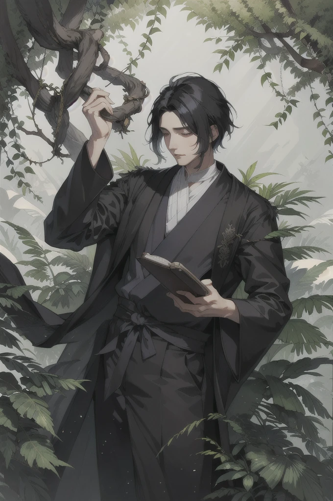 a painting of a man holding book, a storybook illustration by Sim Sa-jeong, 1 male with fluffy black hair wearing clothes in Victoria age, featured on pixiv, context art, made of vines, wiccan, storybook illustration