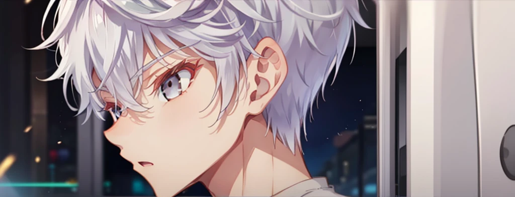 1boy, solo, male focus, lugh_tuatha_de, grey hair, grey eyes, short hair, hair between eyes, bangs, Short white t-shirt, side profile, close