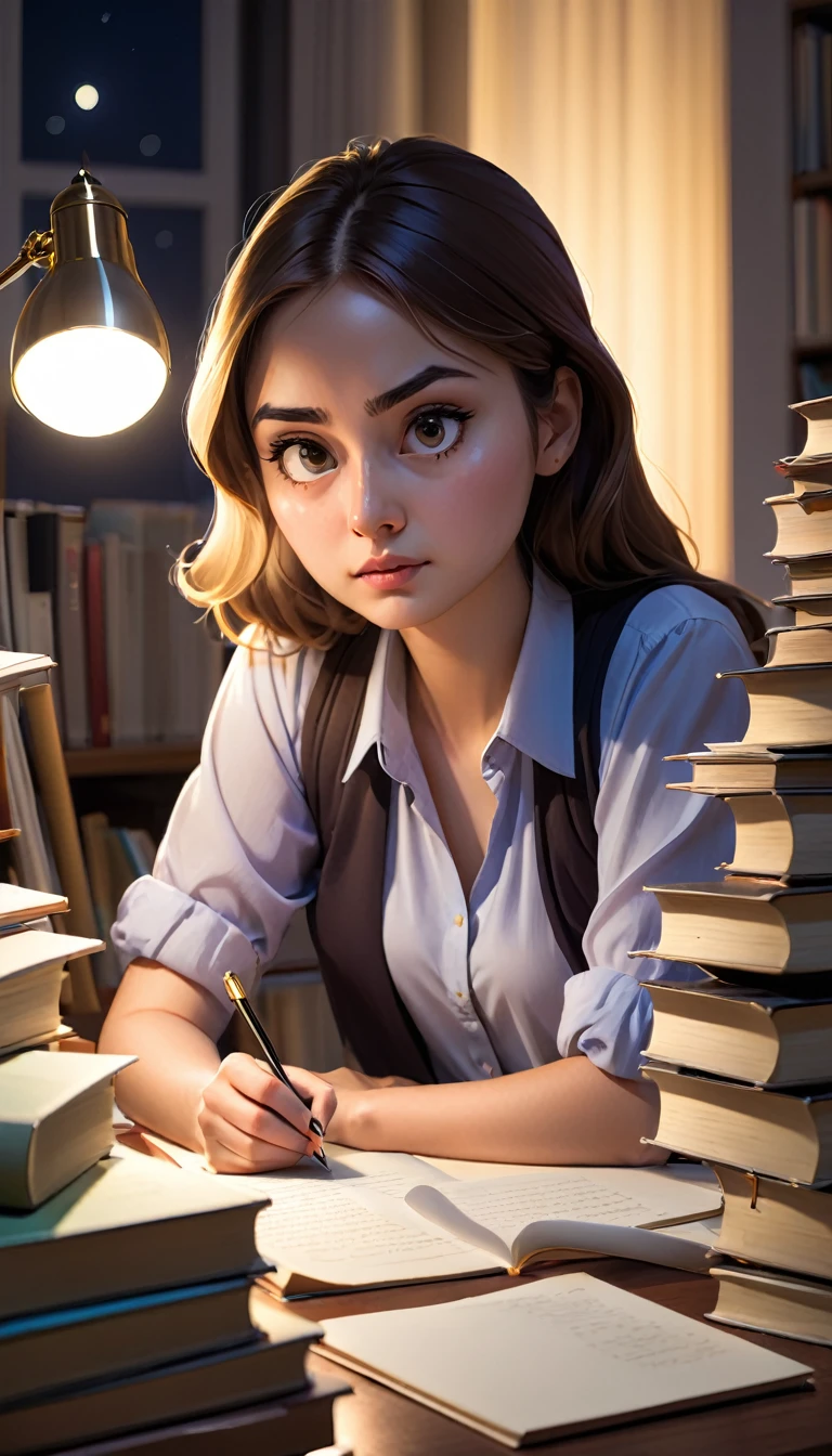 A young woman sitting at the study table at night, surrounded by stacks of books and notes. The light from a desk lamp illuminates her determined face as she writes intensely. There&#39;s a coffee mug next to her, indicating that she is fighting sleep