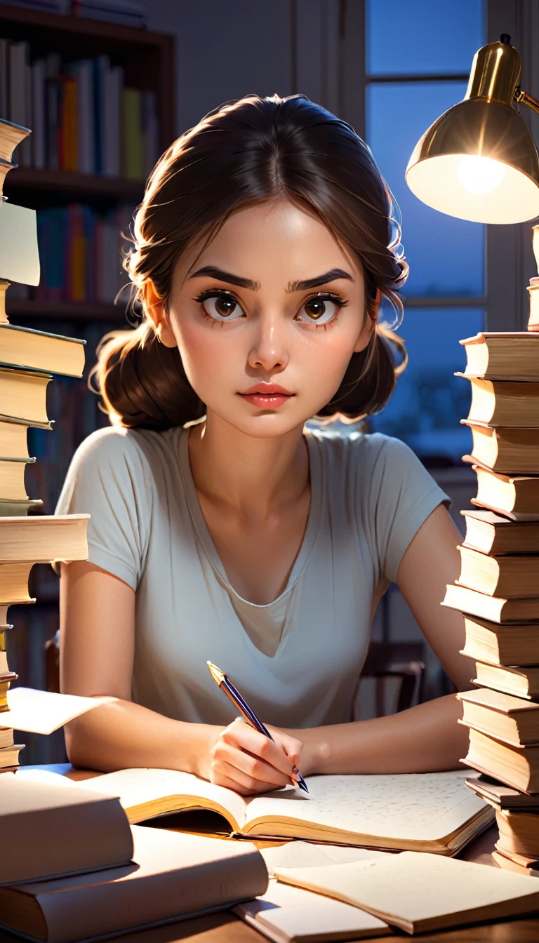 A young woman sitting at the study table at night, surrounded by stacks of books and notes. The light from a desk lamp illuminates her determined face as she writes intensely. There's a coffee mug next to her, indicating that she is fighting sleep