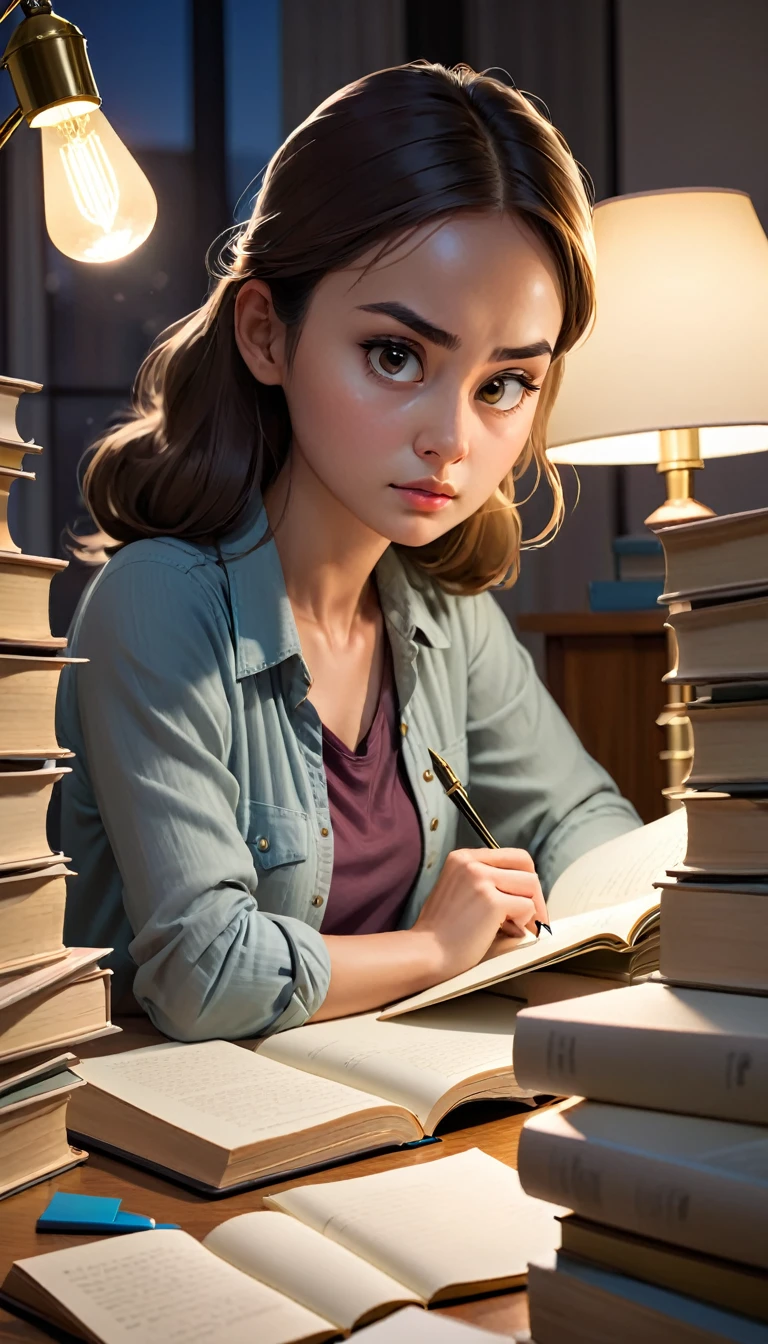 A young woman sitting at the study table at night, surrounded by stacks of books and notes. The light from a desk lamp illuminates her determined face as she writes intensely. There's a coffee mug next to her, indicating that she is fighting sleep