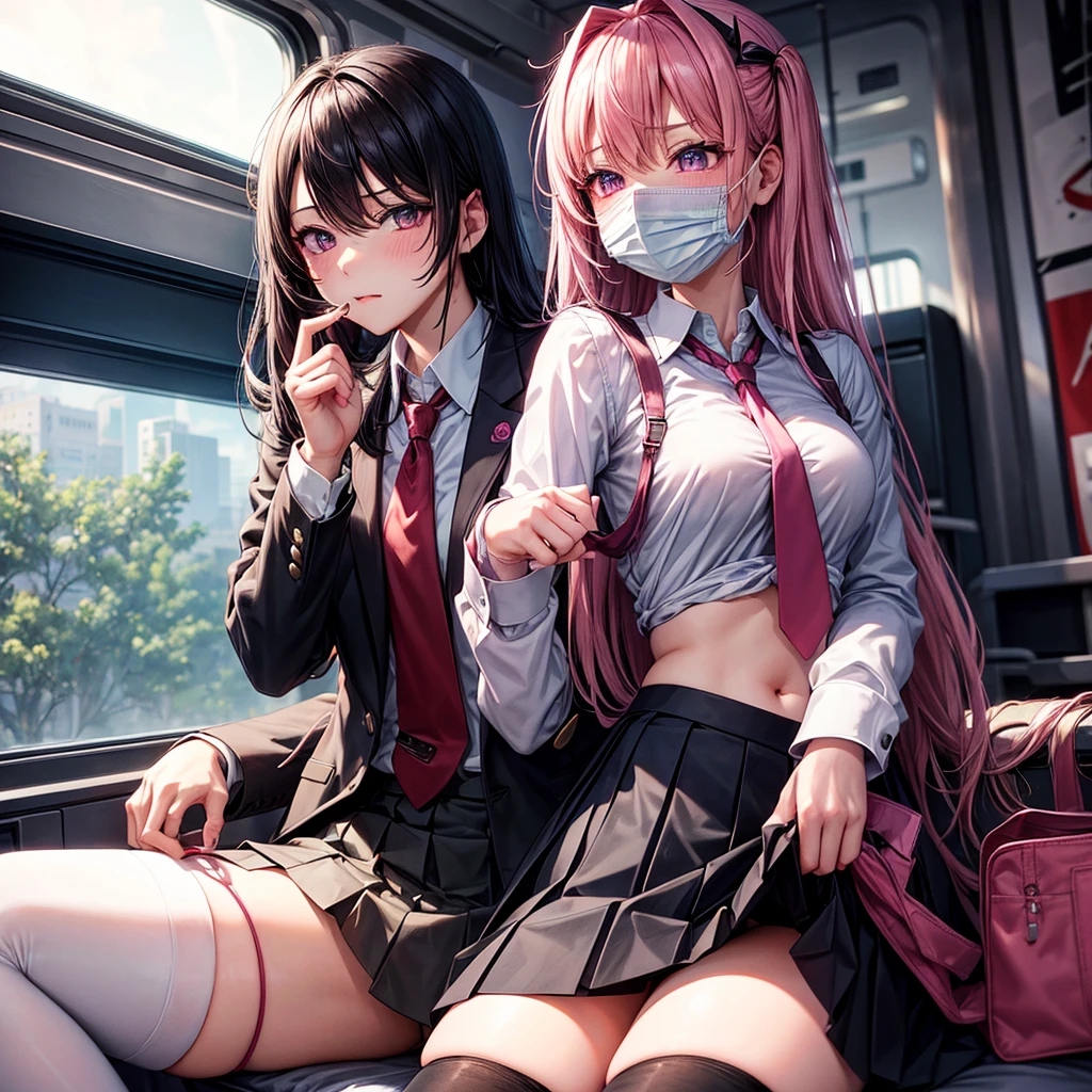 train_interior, mouth_mask, thighhighs, skirt, necktie, vibrator, 2boys, pink_hair, skirt_lift, public_indecency, mask, clothes_lift, lifted_by_self, phone, sex_toy, english_text, school_uniform, holding_phone, navel, holding, red_necktie, jacket, male_focus, cellphone, looking_at_viewer, solo_focus, shirt, collared_shirt, blush, white_shirt, sitting, smartphone, exhibitionism, medium_hair, bag, pussy_juice, hair_between_eyes, pink_eyes, vibrator_in_thighhighs, pleated_skirt, long_sleeves, bangs, purple_eyes, heart-shaped_pupils, heart, black_thighhighs, cum