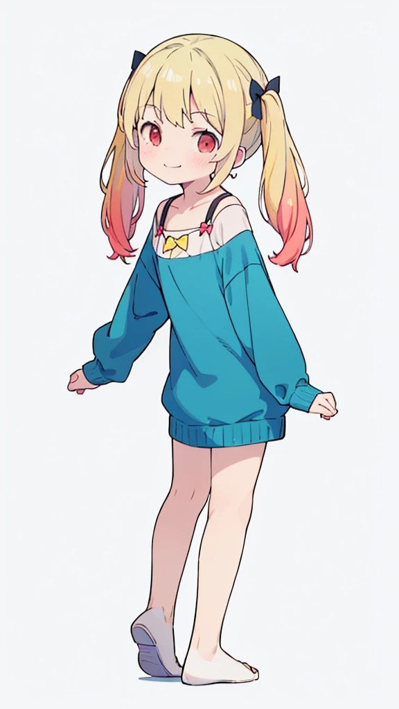 ((masterpiece))((Highest quality))girl、Smirk、blush、Flat Chest、Are thin、Blonde Hair、blush、Are standing、Whole body image、Eye level to the feet、、No background、Blue clothes、Hair is two colors、Twin tails、Red Eyes、Look back、Two-tone red and yellow hair