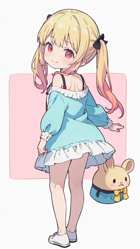 ((masterpiece))((Highest quality))girl、Laughing with your mouth open、blush、Flat Chest、Are thin、Blonde Hair、blush、Are standing、Whole body image、Eye level on face、、No background、Hair is two colors、Twin tails、Red Eyes、Two-tone red and yellow hair、Completely naked、Greeting with pussy、