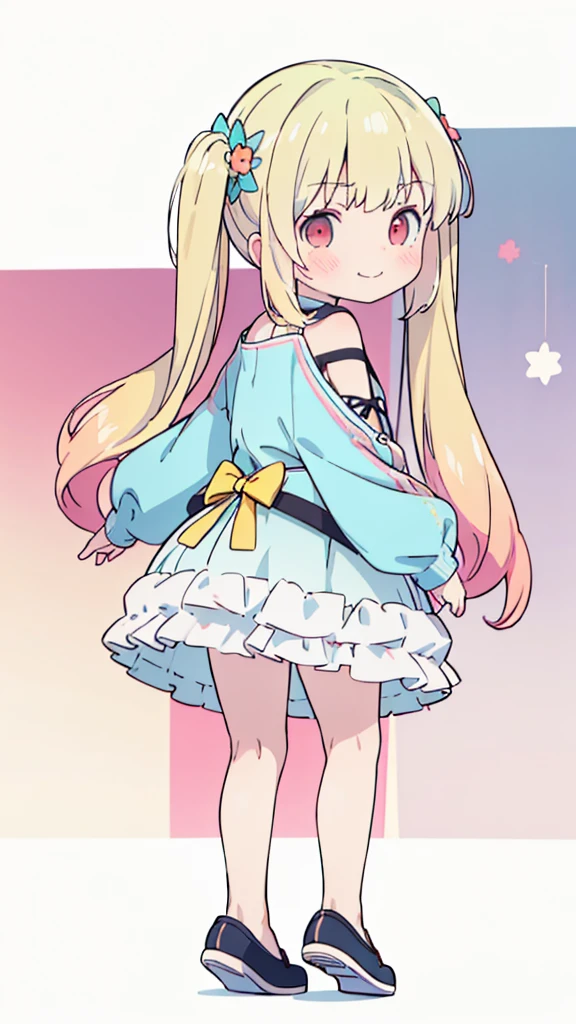 ((masterpiece))((Highest quality))girl、Smirk、blush、Flat Chest、Are thin、Blonde Hair、blush、Are standing、Whole body image、Eye level to the feet、、No background、Blue clothes、Hair is two colors、Twin tails、Red Eyes、Look back、Two-tone red and yellow hair