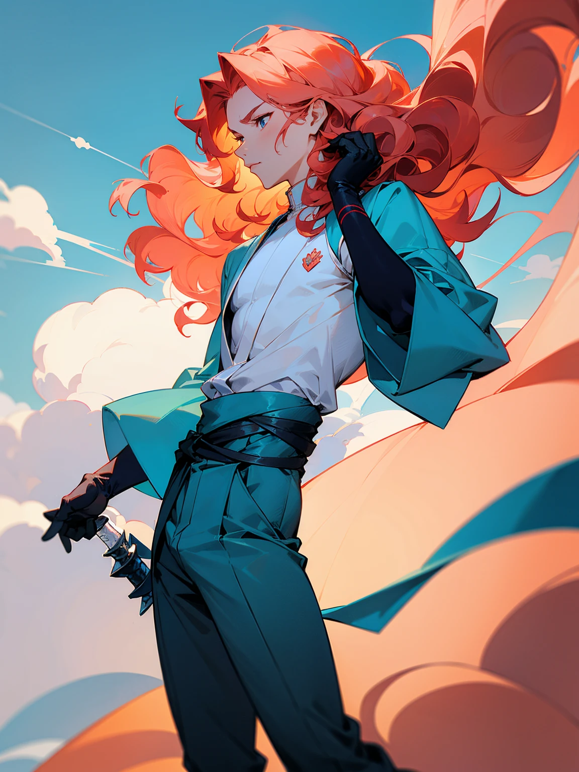 1male, young, coral hair, wavy hair, vergil hair, white long sleeve shirt, sky blue baggy pants, uwa-obi around waist, black gloves,
