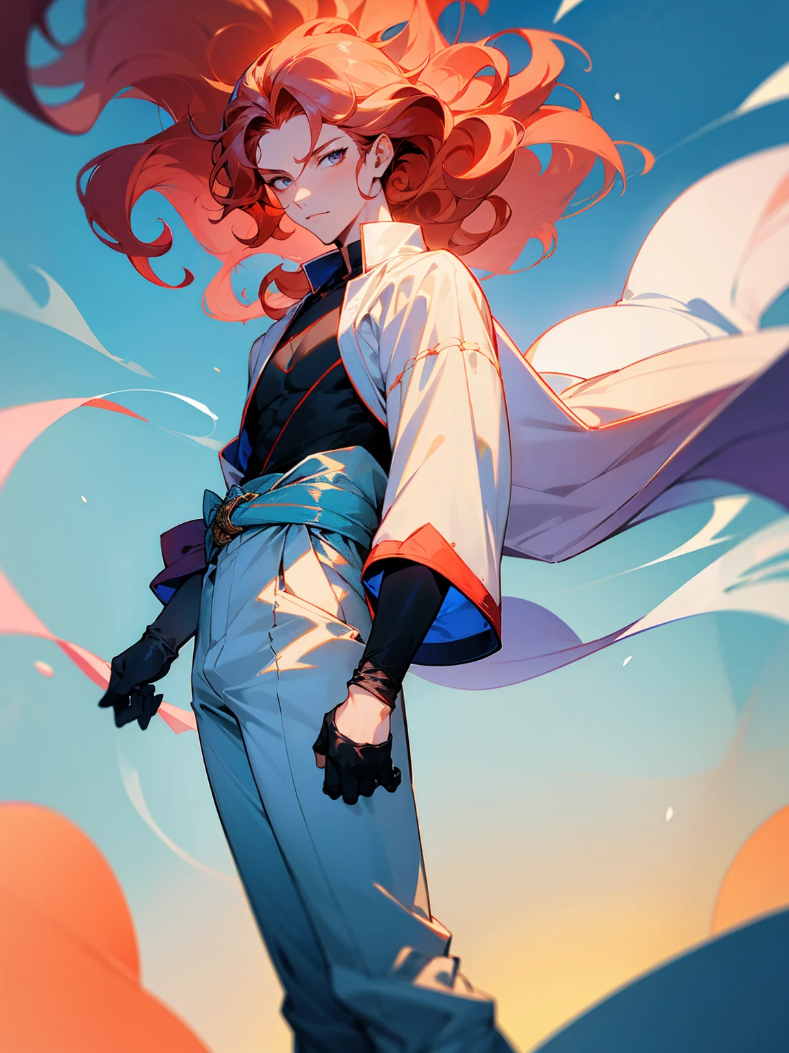 1male, young, coral hair, wavy hair, vergil hair, white long sleeve shirt, sky blue baggy pants, uwa-obi around waist, black gloves,