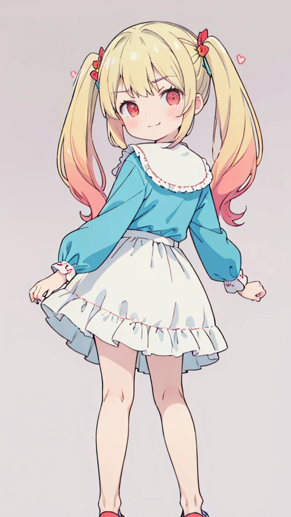 ((masterpiece))((Highest quality))girl、Smirk、blush、Flat Chest、Are thin、Blonde Hair、blush、Are standing、Whole body image、Eye level to the feet、、No background、Blue clothes、Hair is two colors、Twin tails、Red Eyes、Look back、Two-tone red and yellow hair