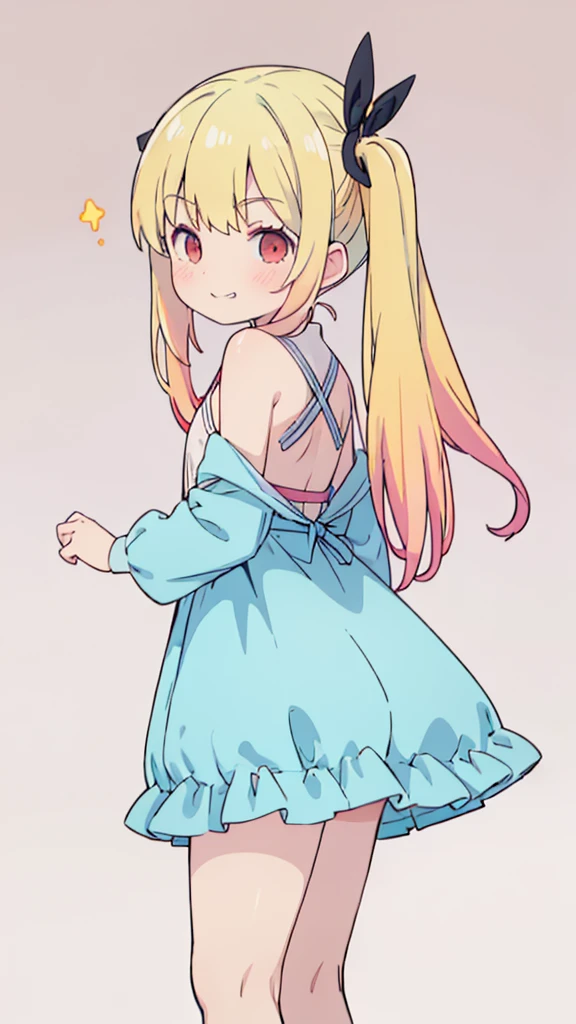 ((masterpiece))((Highest quality))girl、Smirk、blush、Flat Chest、Are thin、Blonde Hair、blush、Are standing、Whole body image、Eye level to the feet、、No background、Blue clothes、Hair is two colors、Twin tails、Red Eyes、Look back、Two-tone red and yellow hair
