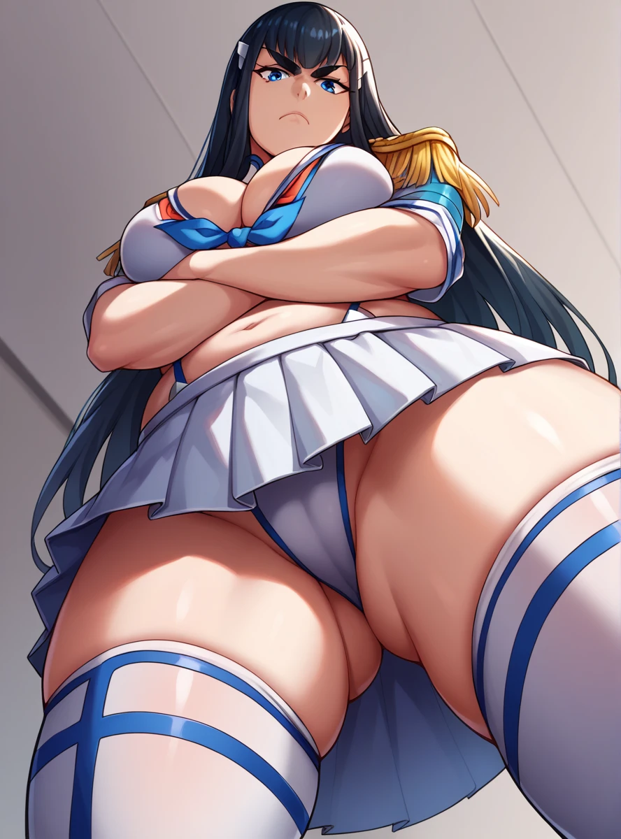 score_9, score_8_up, score_7_up, score_6_up, score_5_up, score_4_up , source_anime masterpiece, satsukiklk, long hair, black hair, blue eyes, thighhighs,skirt, epaulettes, indoors, looking at viewer crossed arms, serious, from below, looking at viewer, thick eyebrows, simple background, cleavage cutout, shoulder armor, pauldrons, full body, belly fat, soft belly, slight abs, plump, 1girl, solo, close up, legs spread, fupa,