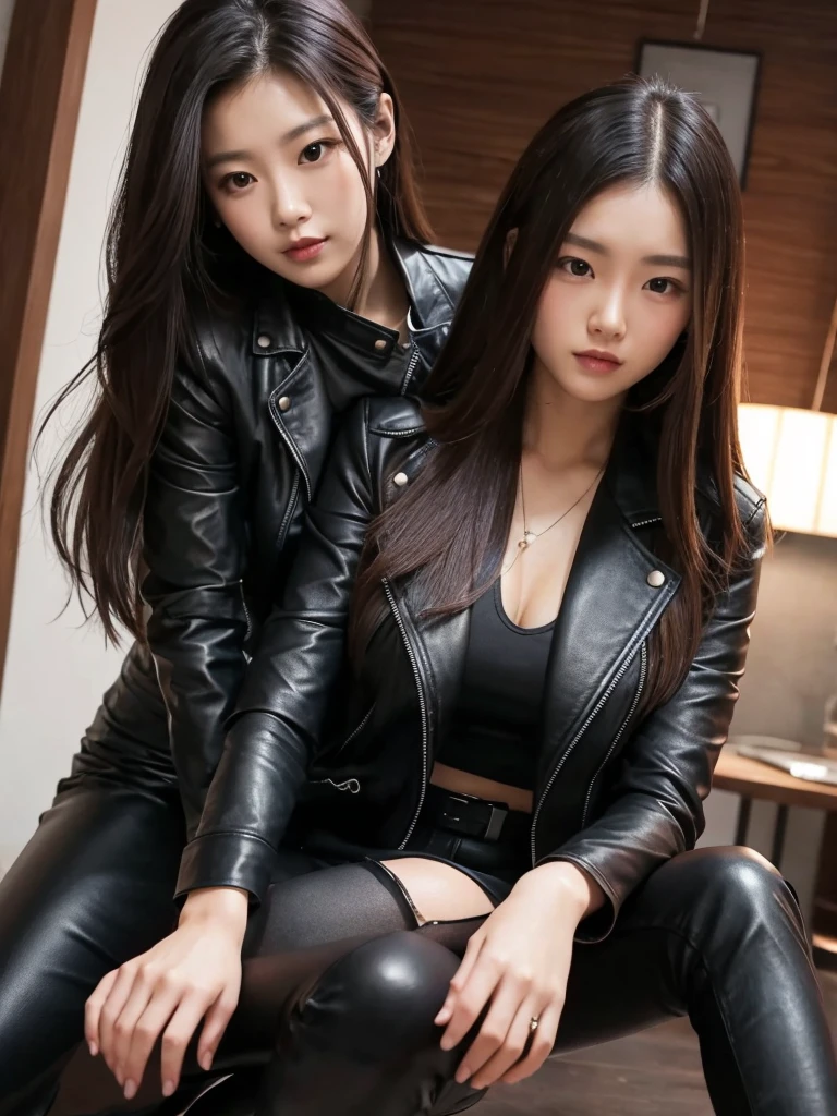 A masterpice，27-year-old Chinese woman，siting on chair，Jirou legs，Wear a black leather jacket，Wear a red lace bikini，Full body photo，Delicate makeup，Wear black leather boots。
