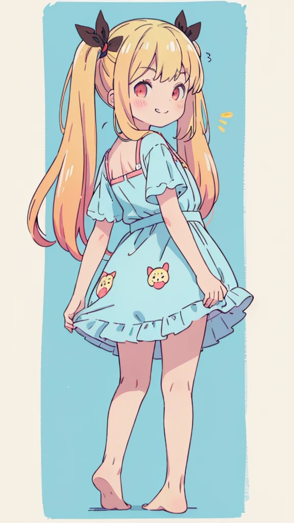((masterpiece))((Highest quality))girl、Smirk、blush、Flat Chest、Are thin、Blonde Hair、blush、Are standing、Whole body image、Eye level to the feet、、No background、Blue clothes、Hair is two colors、Twin tails、Red Eyes、Look back、Two-tone red and yellow hair
