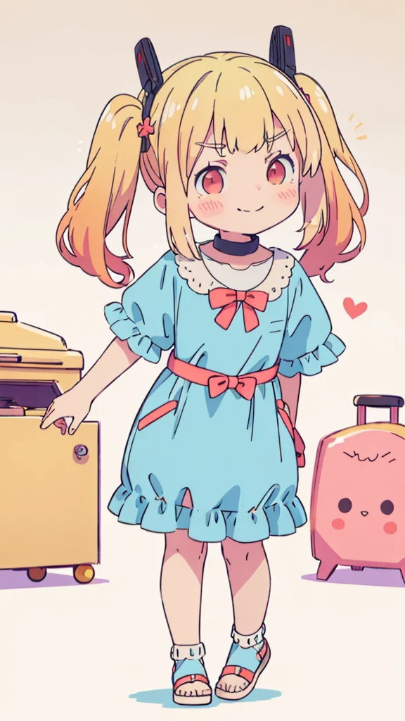 ((masterpiece))((Highest quality))girl、Smirk、blush、Flat Chest、Are thin、Blonde Hair、blush、Are standing、Whole body image、Eye level to the feet、、No background、Blue clothes、Hair is two colors、Twin tails、Red Eyes、Look back、Two-tone red and yellow hair