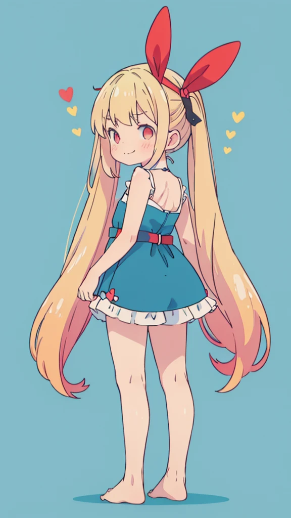 ((masterpiece))((Highest quality))girl、Smirk、blush、Flat Chest、Are thin、Blonde Hair、blush、Are standing、Whole body image、Eye level to the feet、、No background、Blue clothes、Hair is two colors、Twin tails、Red Eyes、Look back、Two-tone red and yellow hair