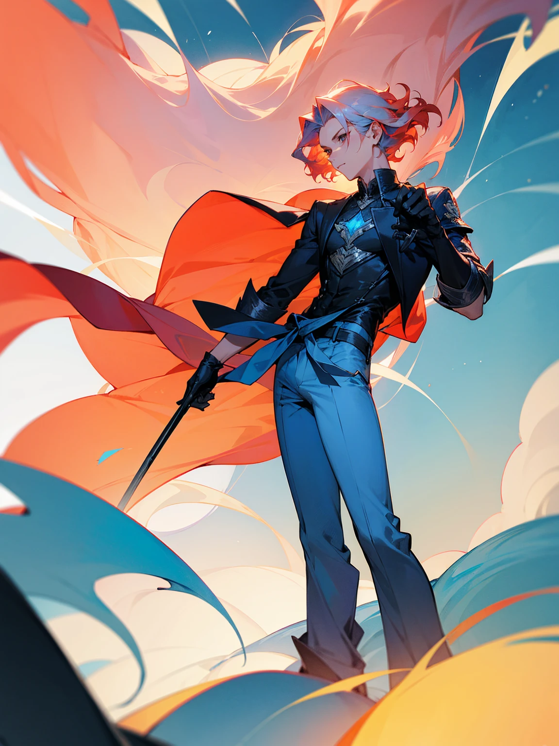 1male, young, coral hair, wavy hair, vergil hair, white long sleeve shirt, sky blue baggy pants, shukin around waist, black gloves, 