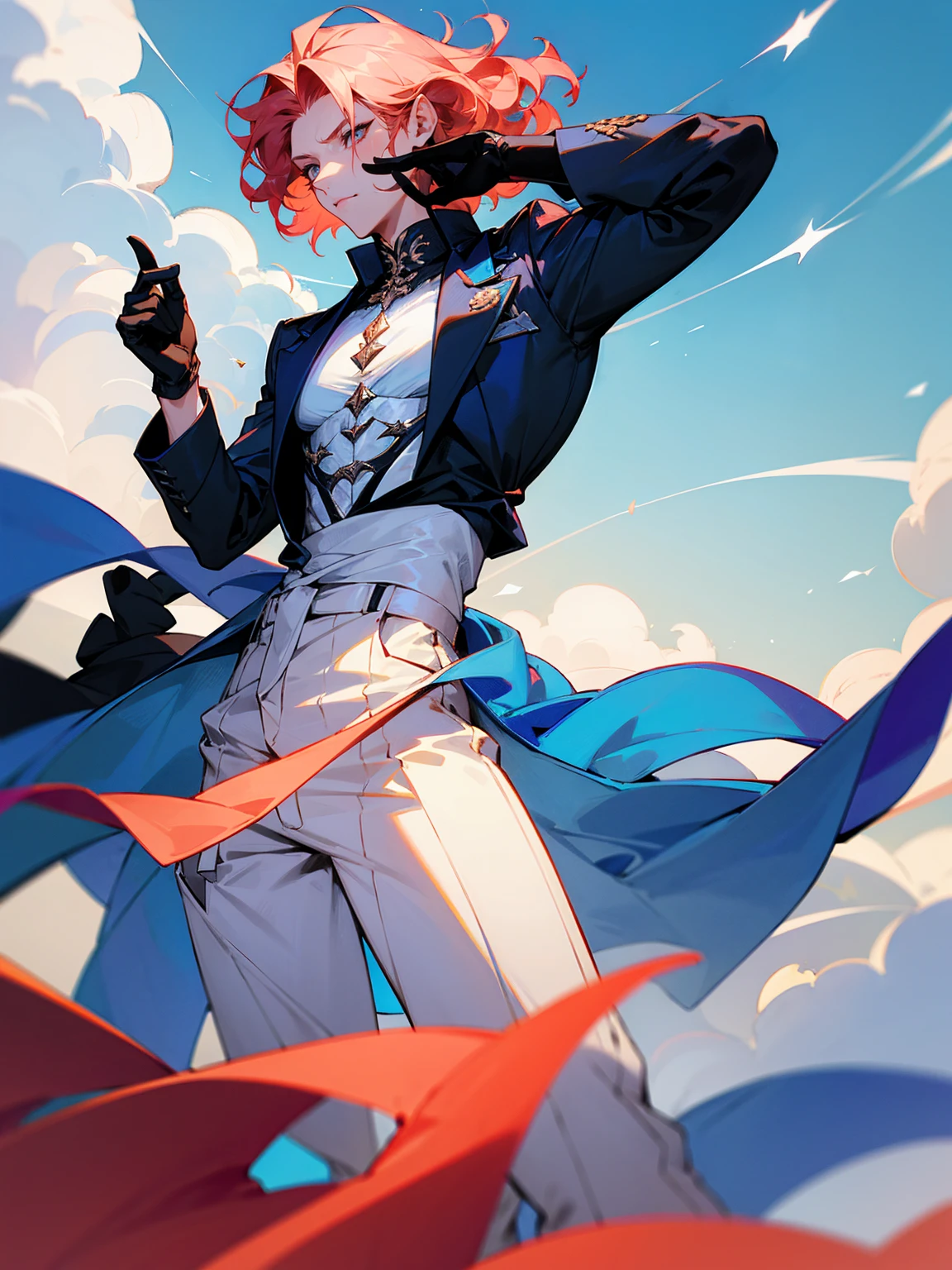 1male, young, coral hair, wavy hair, vergil hair, white long sleeve shirt, sky blue baggy pants, shukin around waist, black gloves,