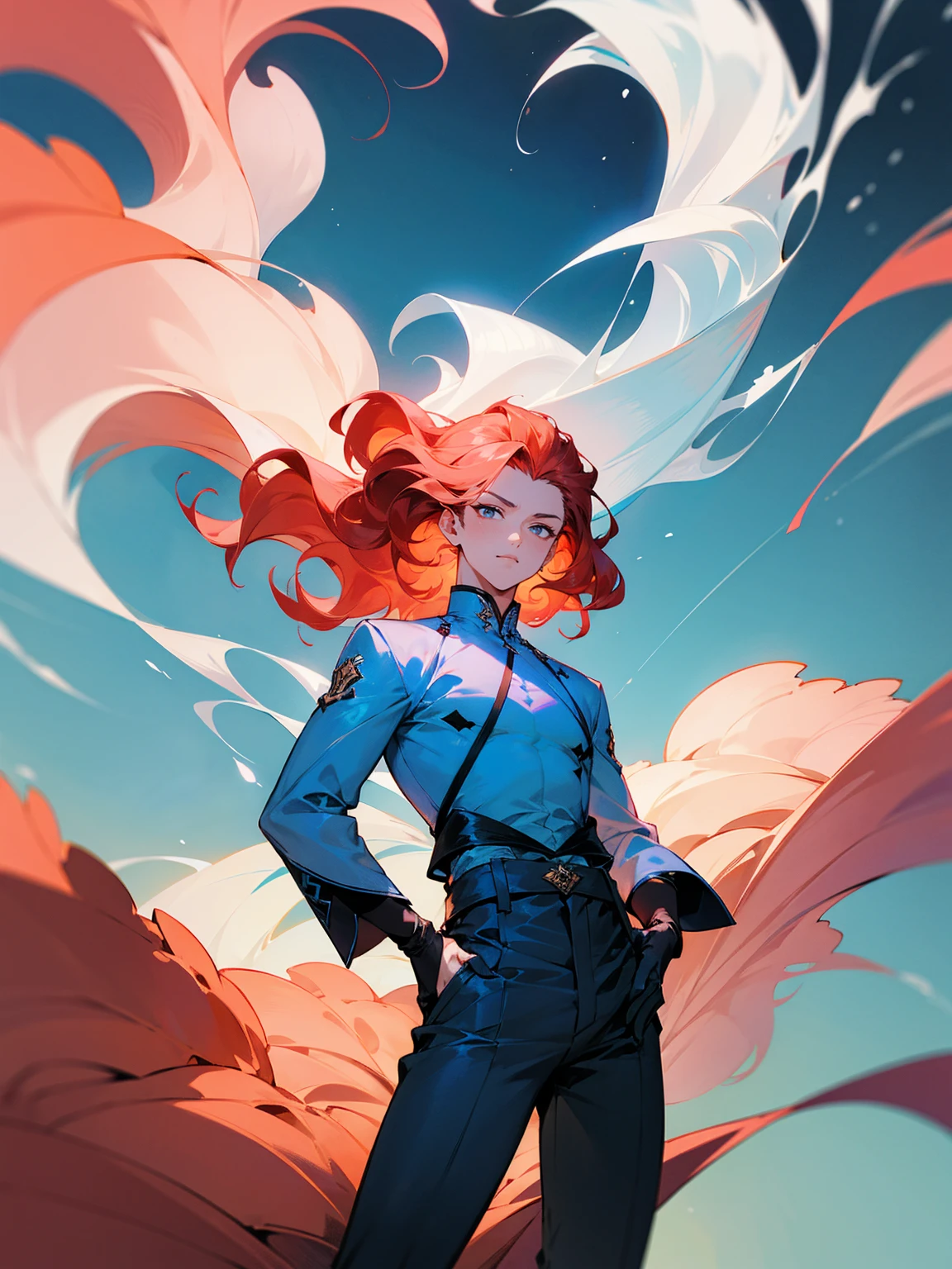 1male, young, coral hair, wavy hair, vergil hair, white long sleeve shirt, sky blue baggy pants, shukin around waist, black gloves,
