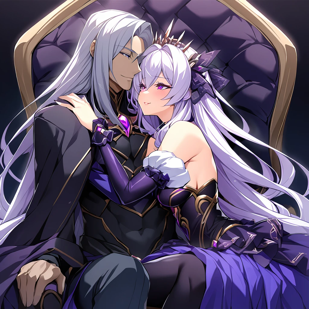 ((Highest quality)), ((masterpiece)), (detailed), (Perfect Face)、The woman is the evil queen, Dark Extia, an evil transforming heroine with medium-long silver hair, a gorgeous evil queen dress with gold embroidery and trim, gorgeous accessories, and an engagement ring. With a truly happy expression on her face, she embraces the man she loves, leans close to him, and kisses him, happily accepting his caresses.、The man is the evil king, Naioro, a handsome man with medium-long silver hair, wearing a black bodysuit, doting on the woman, embracing her, caressing her, and making love to her.、A man and a woman are sitting close together on a luxurious throne, making love.、A man and a woman are a deeply loving couple