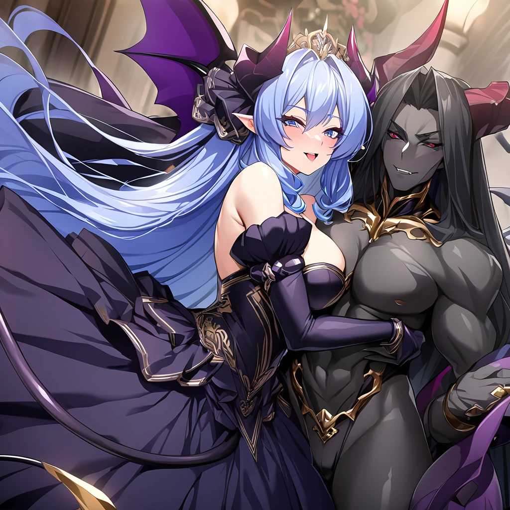 ((Highest quality)), ((masterpiece)), (detailed), (Perfect Face)、The woman is hugging and kissing the great evil demon king man、The woman is a beautiful, jet-black female demon, the queen of evil, Devil Extia, with medium-long blue hair, wearing a luxurious black wedding dress with gold embroidery and trim, a black wedding veil, an engagement ring, and luxurious accessories. She is an elegant, beautiful female demon, the queen of evil.、A great demon with jet black skin, impressive devil horns, devil wings and a devil tail.、The woman looks happy、The man is a great and powerful demon king, favored by the majestic demons.