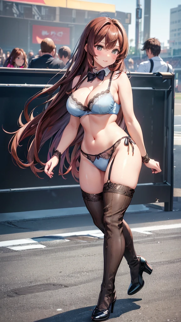 (((masterpiece, Highest quality, High resolution, 超High resolution, Perfect Pixel, Depth of written boundary, 4K, RTTX 10.0))), Beautiful Anime Woman, Beautiful art style, Anime characters, ((Smooth texture, Realistic texture, Anime CG Style)), Exact finger count、Exact number of legs、(Exact number of arms:1.0, Exact number of hands:1.0), (Perfect hands, Perfect Anatomy), Cinematic, Realistic, Extremely detailed CG, Daytime lighting, Perfect lighting, Best Shadow, The best natural light, whole body, Perfect body, バランのとれたPerfect body, Perfectly balanced style, Slender body, ((Long Hair, bangs, Reddish brown hair, Stylish hairstyle)), ((A cute woman is walking sexy:1.8)), ((Bow tie around neck:1.3), (Black high heels:1.2), (Sexy and cute light blue underwear:1.3), (Stylish shiny light blue satin panties, Side-tie panties, The panties are plain light blue in the center with lace decoration on the sides.:1.3), (Thin panties:1.3), (Light blue micro lace satin bra, Light blue bra with lace trim, Thin bra:1.3), (garter belt, Black knee socks:1.3):1.3), (Beautiful big , Cleavage:1.1), (Embarrassed expression:1.5), (blush:1.2), (circuit, Racing Car, promotional model, grid girl:1.5), naked, In underwear, Underwear, whole body, Angle from the front, chizuru
