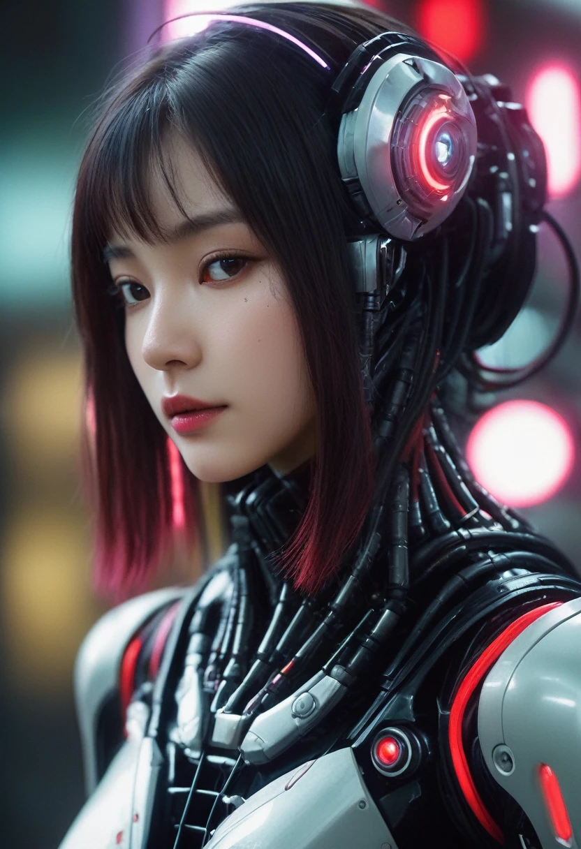 xxmixgirl. Highly detailed professional 35mm film, bokeh, face in sharp focus. A robotic female, Miku, with ((metal skin)), ((perfect Asian eyes)) with magenta irises and ((black pupils)), beautiful serious (detailed face), 18 year old ((photorealistic face)), very long magenta twin tails of magenta hair, twin black hair ties with a single red stripe. She may have a black audio headpiece. We can see her ((full body)) down to her boot soles. Her outfit is a sleeveless collared light grey shirt, outlined in red around the frilled collar and hems. Shiny reflective ((metallic breast cups, dimpleless)), invisible nipples. She wears black sleeves with red hems that start around her upper arm and bellow out as the sleeves open and extend to her wrists, with wide trumpet red rimmed cuffs. She has perfect robotic (detailed hands). She wears a red colored tie with two horizontal solid parallel black lines halfway across. She wears a fabric black skirt with a horizontal red hem at the bottom all the way around; her (((black skirt wraps around her))) and ((her skirt completely covers)) her robotic waist and thighs. Tall black boots with red bottom soles, a red rim around the top at her thighs. Her mechanical shoulder joints are visible. We can see her robotic legs and robotic neck. Half of her is covered with shiny polished machinery. The background is a distant dark neon futuristic Japanese city, gold, cyan, violet neon, near harbor or mountains.
