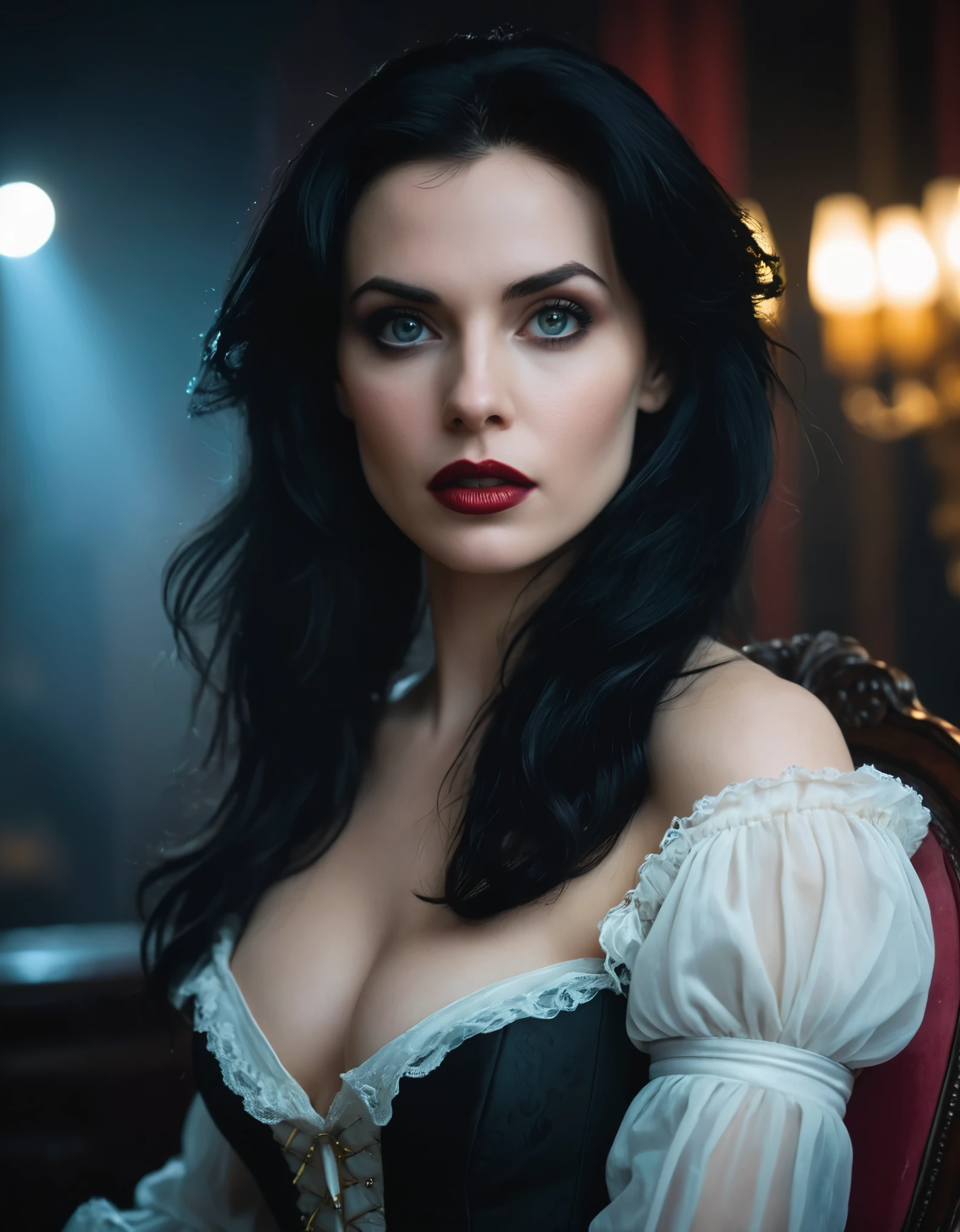(masterpiece:1.7, best quality, ultra detailed, moonlight lights ratio, ultra realistic:1.3), Cinematic lighting:0.7, Diana, a true Ventrue, sits in an elegant colonial armchair and emerges an intimidating presence that numbs even the most sadistic MALKAVIAN. Her pale skin and small pink mouth, wearing a richly detailed corset with gold accents, contrast with her black hair, bringing an air of elegance and intimidation; (night, full moon natural lighting, Vampire The Masquerade, James O'Barr directors cut, photo by Alexander Mavrin), pale shiny skin, thin, sharp focus on rare face, perfect eyes, photorealistic, film grain, looking at camera, emphasize shoulders, foggy, misty, noir portrait, tilted, volumetric dust, key light, ray tracing, film grain ISO 800, 16 mm lens, RAW f1.8 aperture, analog photography, HDR colors, gothic interior, dark, elegant, and intimidating atmosphere